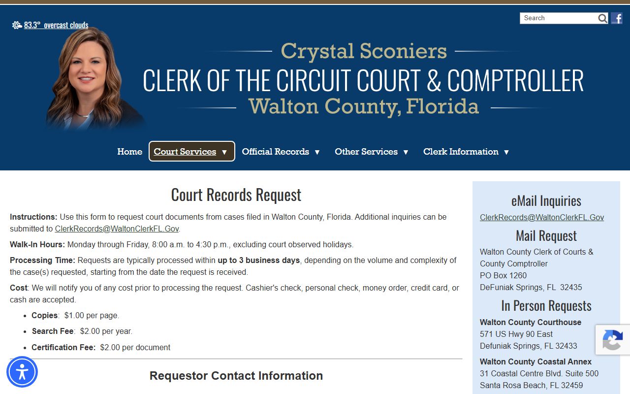 Walton County clerk court document request form for court records after an arrest
