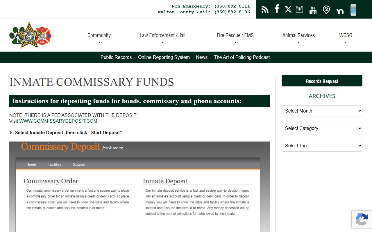 Walton County Jail commissary and inmate fund deposit instructions
