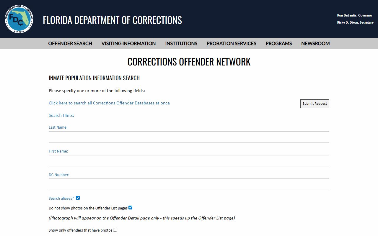 Florida Department of Corrections inmate population search fields for Walton CI