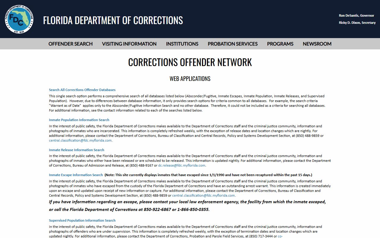 Florida Department of Corrections offender search menu for Walton Correctional Institution inmates
