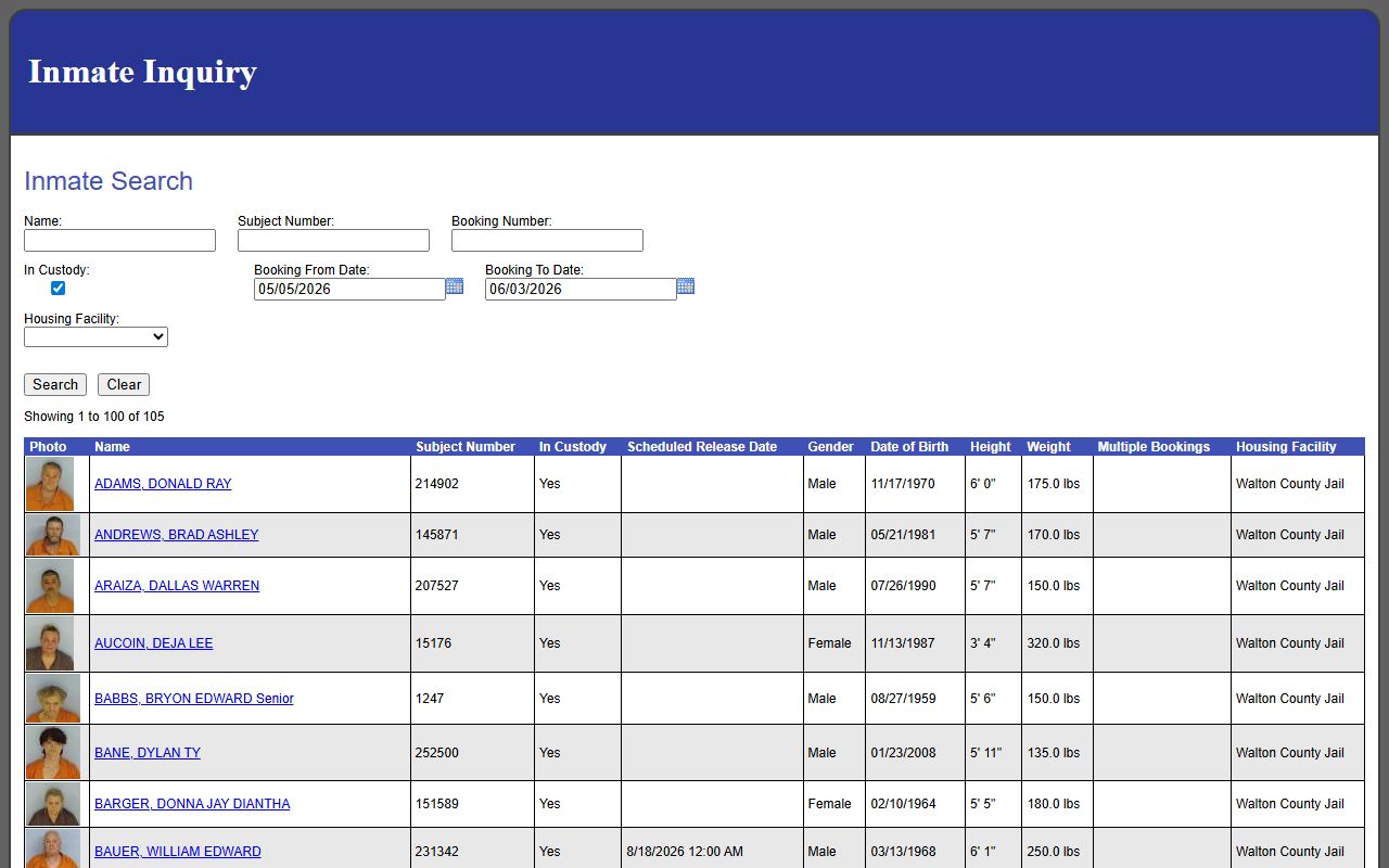 Walton County jail roster search form and inmate records grid