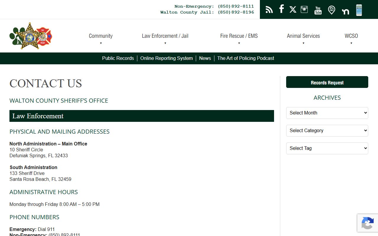 Walton County Jail address, hours, and phone contact for inmate questions