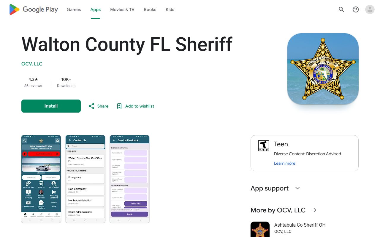 Walton County Sheriff app listing with arrest and warrant updates for inmate records