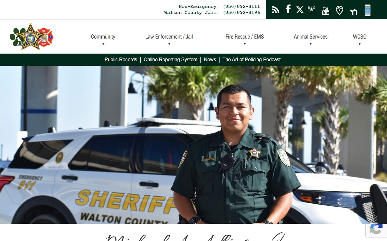 Walton County Sheriff's Office homepage and jail navigation for the inmate population