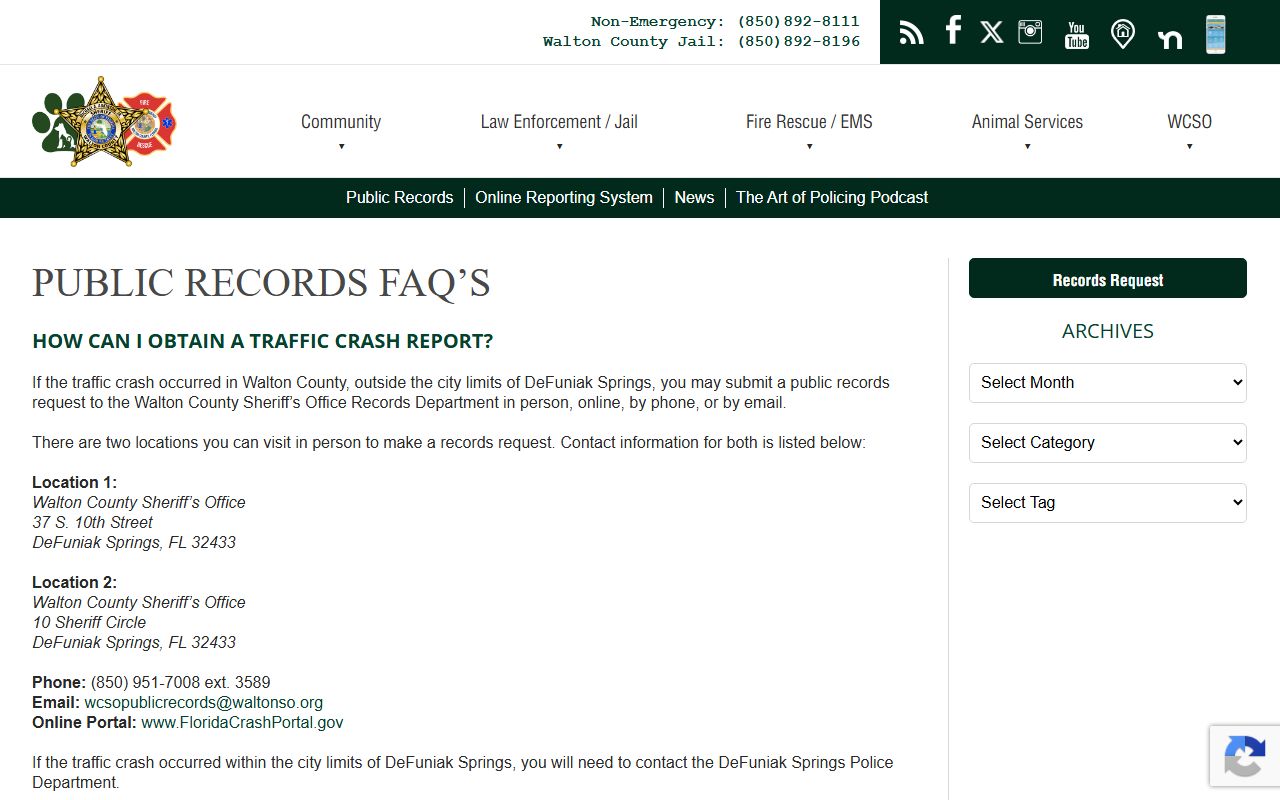 Walton County Sheriff public records FAQ for jail inmate records requests